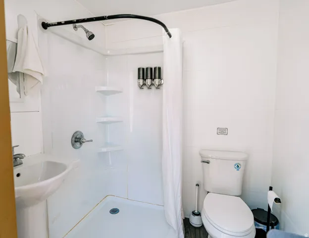 Shower with a curved curtain rod, wall-mounted showerhead, and integrated shelving