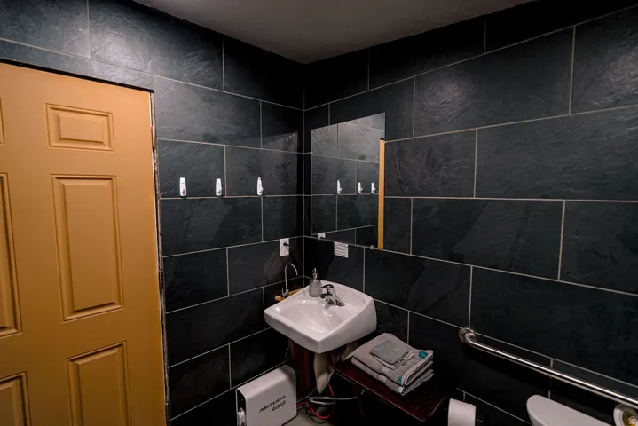 Rectangular wall tiles, wall-mounted sink, wall mirror, grab bar, and panel door