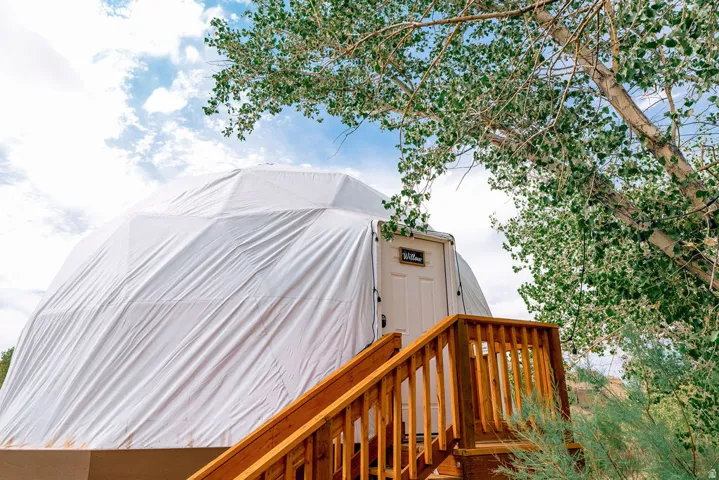 Geodesic dome structure with a white exterior, featuring a wood-tone entry staircase with handrails, and surrounding mature foliage