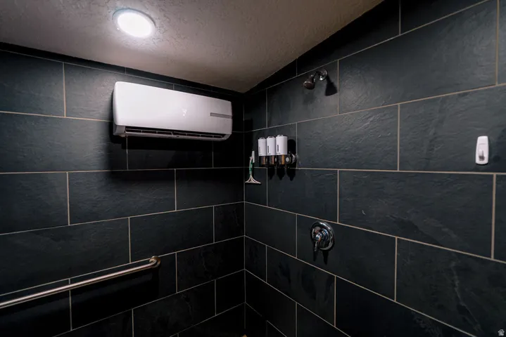 Floor-to-ceiling dark slate tile, wall-mounted shower head, chrome shower controls, stainless steel grab bar, and recessed ceiling lighting