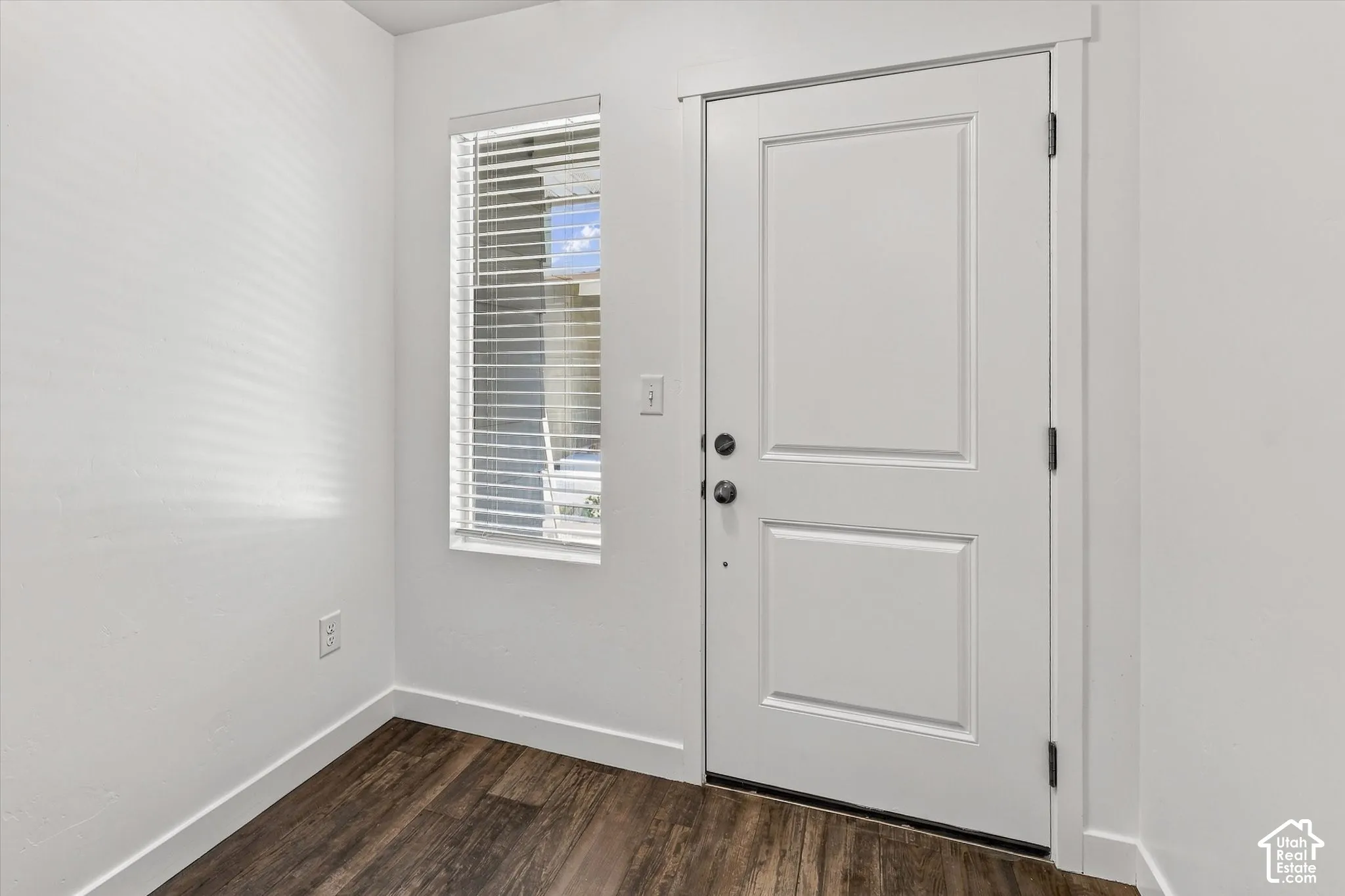 Entry area featuring wood-finish flooring, a white two-panel door, and a tall rectangular window equipped with horizontal blinds