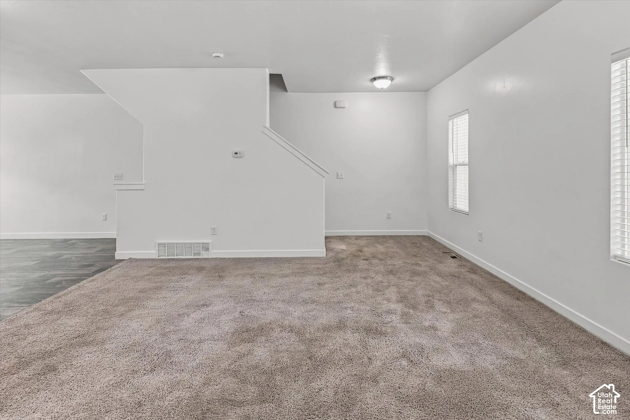 Neutral-toned wall-to-wall carpeting, dual-tone flooring, and two windows with horizontal blinds