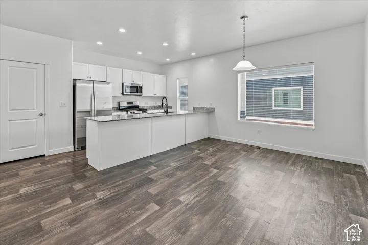 Kitchen featuring white cabinetry, stone-finish countertops, stainless steel appliances, a peninsula island, and wood-finish flooring
