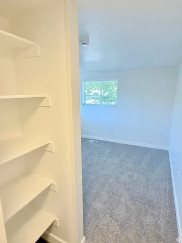 Built-in shelving, white walls, and gray carpet