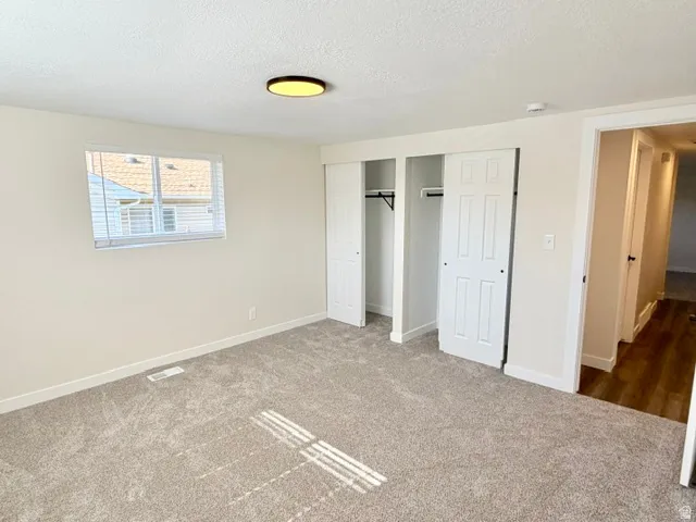 Light-colored carpeting, multiple closets with sliding doors, a flush-mount ceiling light fixture, and a window with blinds