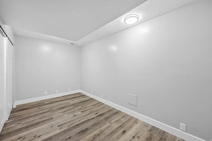 Wood-finish flooring, white walls, and a contemporary ceiling light
