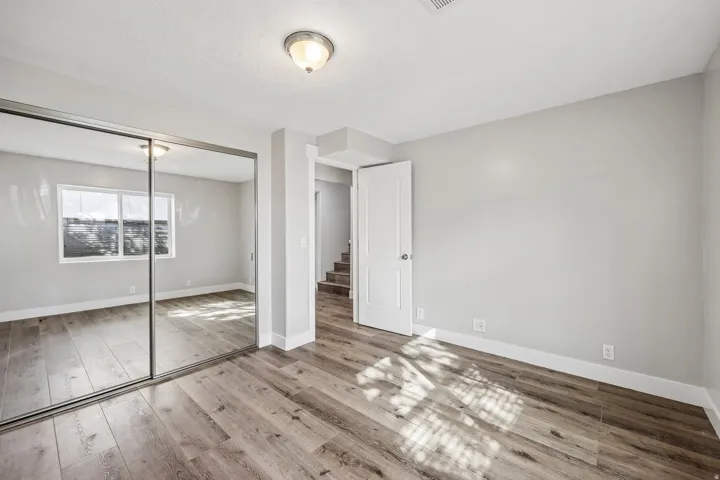 Wood-finish flooring, mirrored closet doors, a two-panel interior door, and a flush mount ceiling light