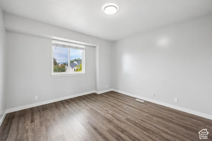 Expansive room featuring light gray walls, a large window, wood-finish flooring, and a flush mount ceiling light