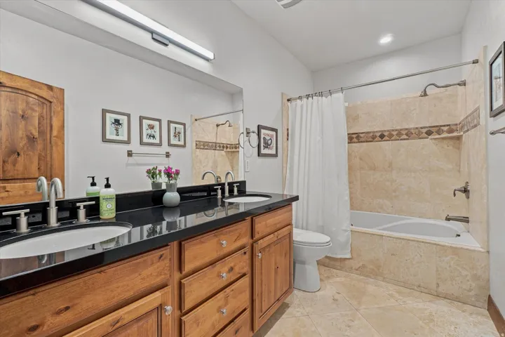 Dual vanity with wood cabinetry and black countertops