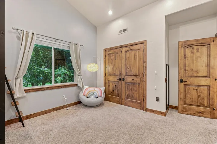 Vaulted ceiling, wood-finish doors, wood-finish trim, large window, and carpeted flooring