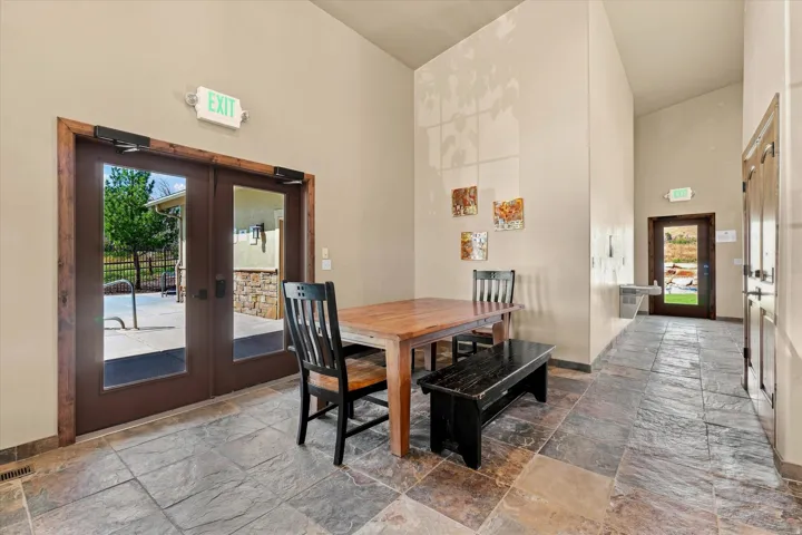 Neutral-toned walls complement the multi-tone tile flooring