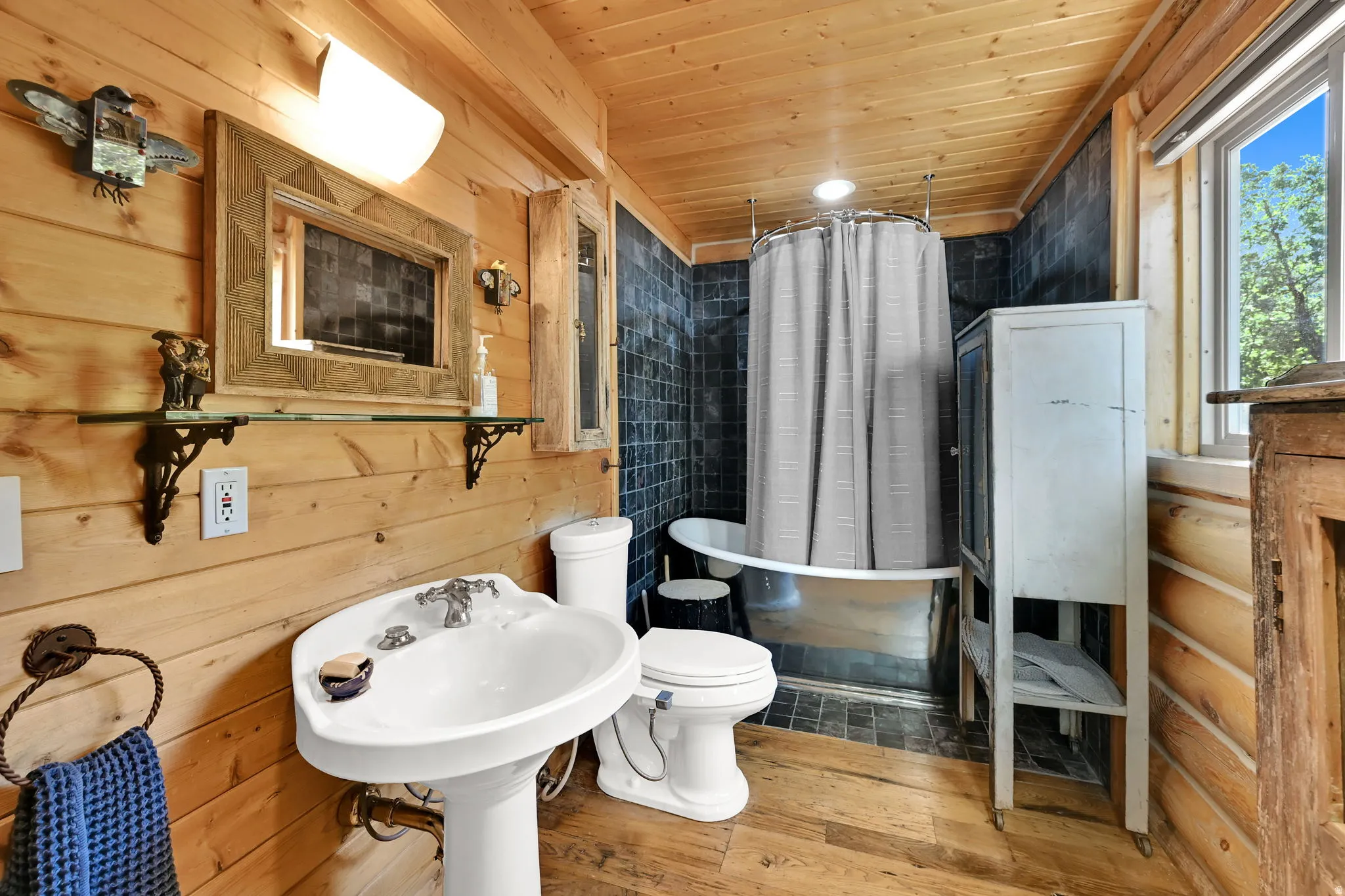 Wood-paneled walls and ceiling