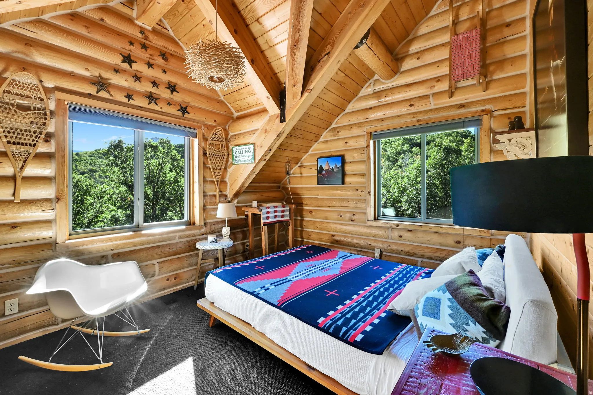 Wood-paneled walls and ceilings with exposed wood beams