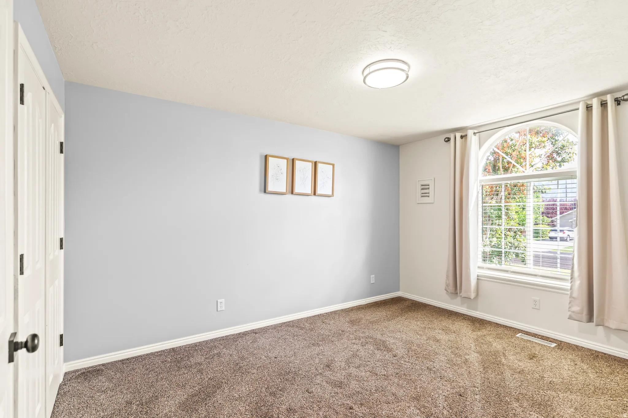 Arched window with grid pattern, neutral wall colors, flush-mount ceiling light, and carpeted flooring