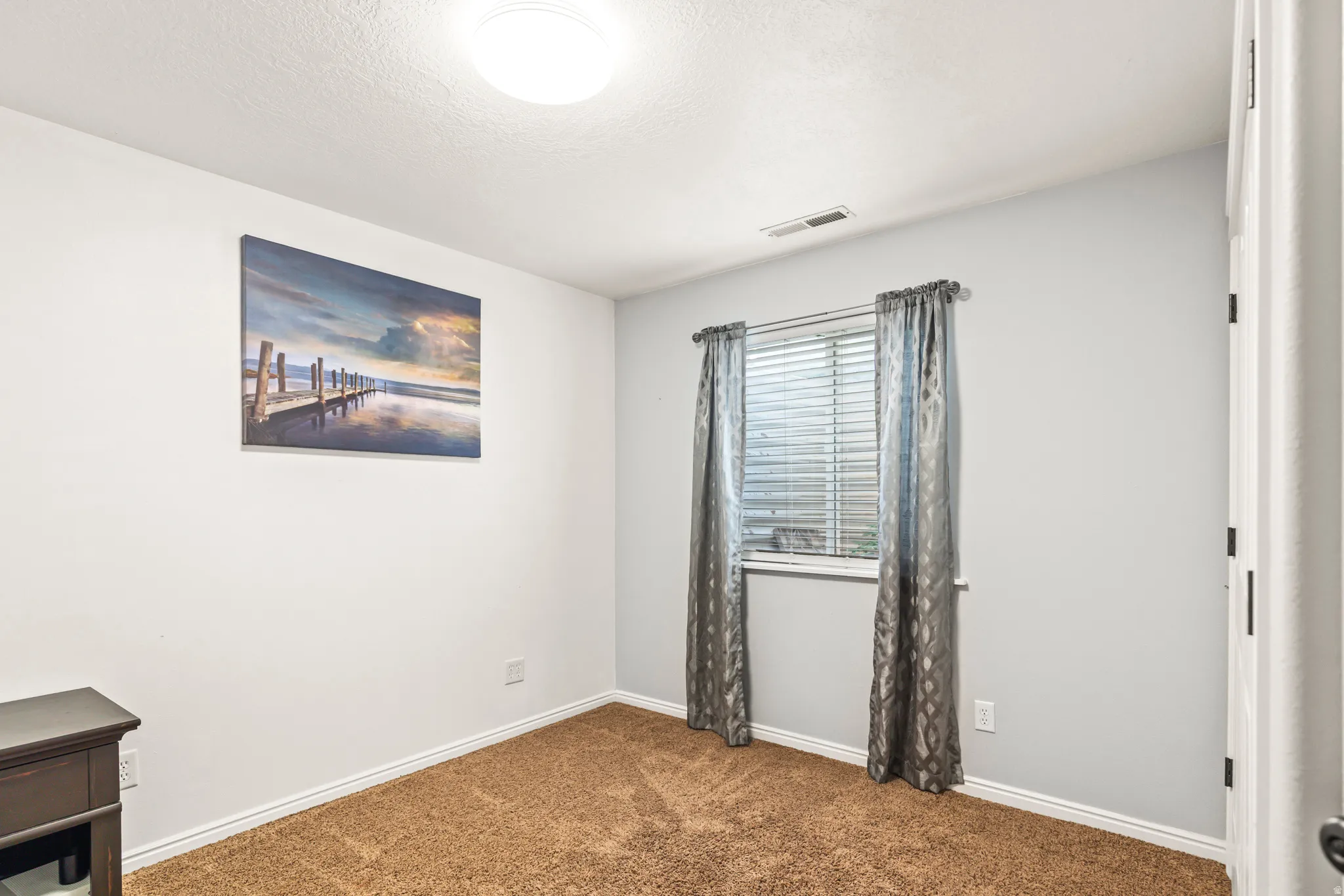 Carpeted flooring, window with blinds, ceiling-mounted light fixture, and white trim