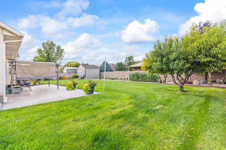 Expansive green lawn with a concrete patio, mature trees, and a detached shed