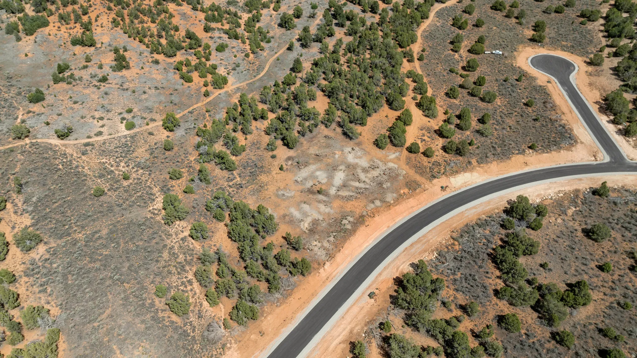 Paved road with a cul-de-sac, surrounded by natural desert landscaping and scattered trees