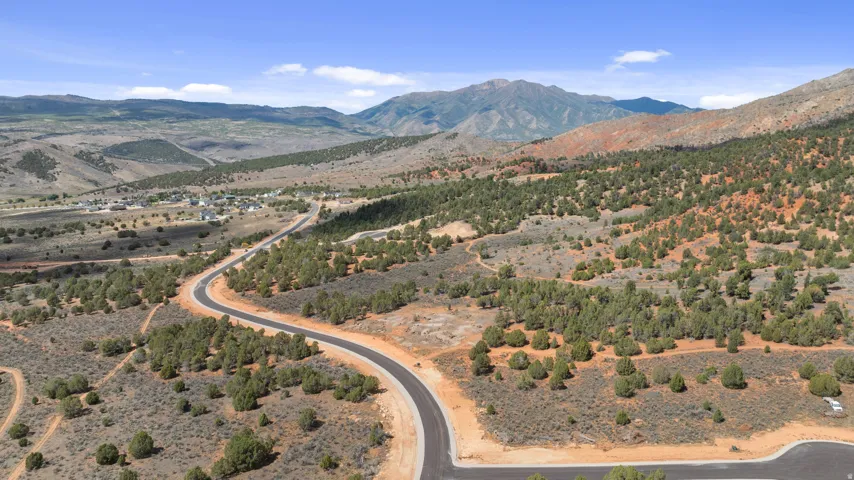 Winding paved road, surrounded by natural desert landscaping and distant mountain ranges