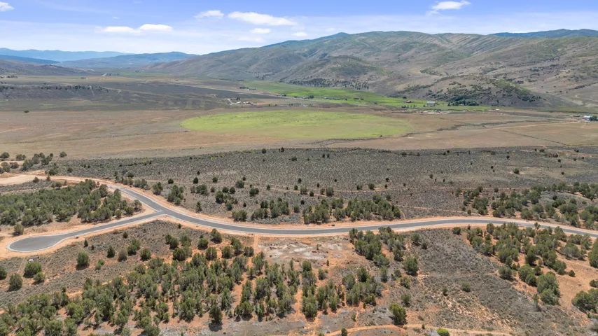 Paved roads with cul-de-sac, surrounded by natural vegetation and distant mountains