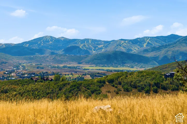 Mountainous terrain with visible ski runs, expansive valley, and distant residential structures