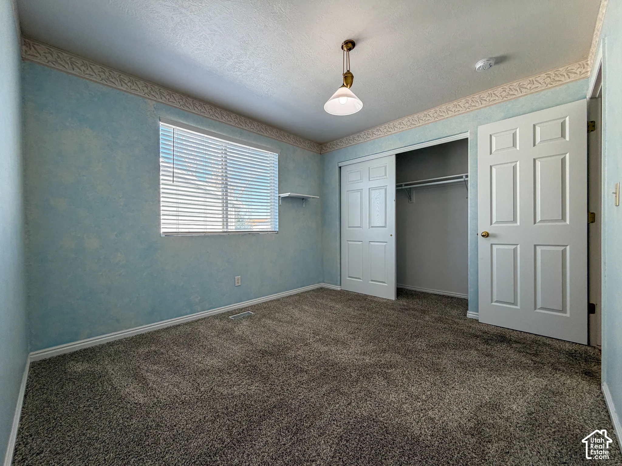Carpeted flooring, window with blinds, bi-fold closet, and overhead lighting fixture