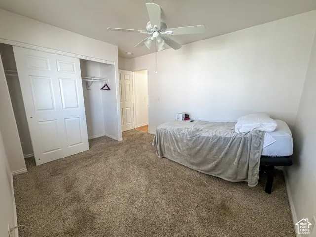 Plush carpet flooring, a built-in closet with sliding panel doors, and a ceiling fan