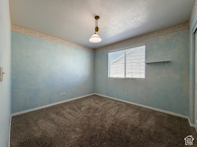 Wall-to-wall carpeting, window with blinds, ceiling-mounted light fixture, and a wall shelf