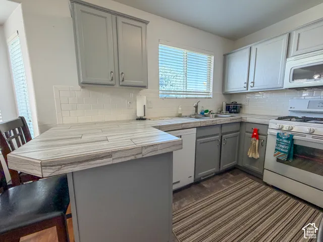 Kitchen featuring light gray cabinetry, white subway tile backsplash, a stainless steel sink, and a built-in dishwasher