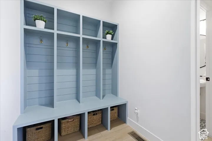 Built-in storage cubbies with hooks and integrated shelving, light wood-finish flooring, and white wall finishes