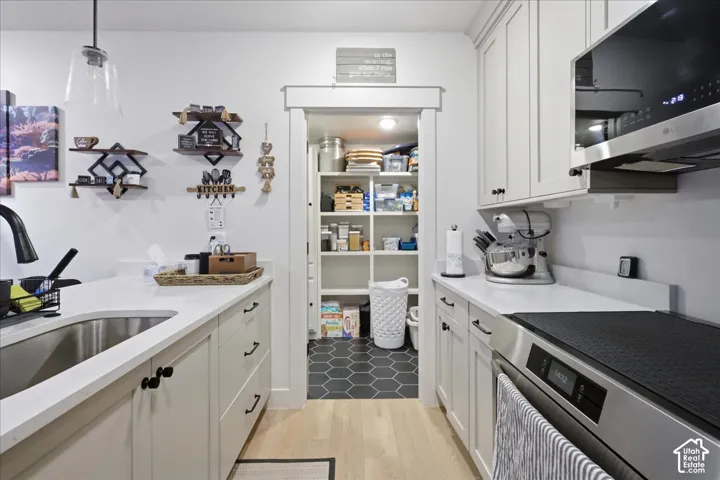 Kitchen featuring light-toned cabinetry, stainless steel sink, wood-finish flooring, and a walk-in pantry with hexagonal floor tiling