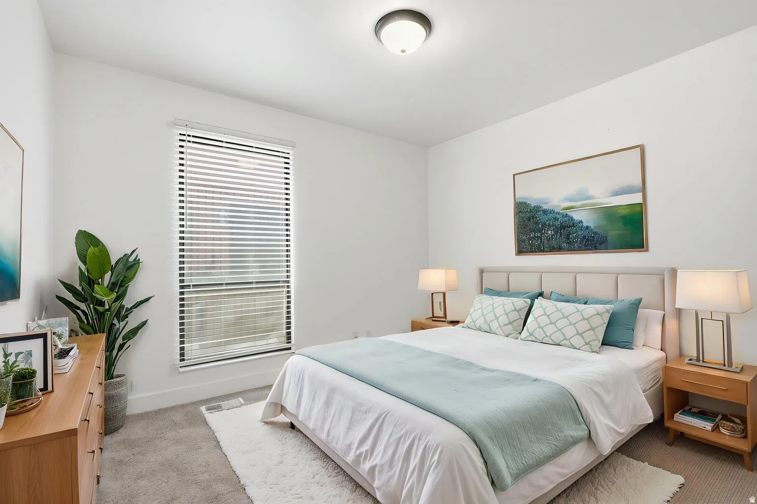 Recessed lighting, window with horizontal blinds, carpeted flooring, and light-toned walls
