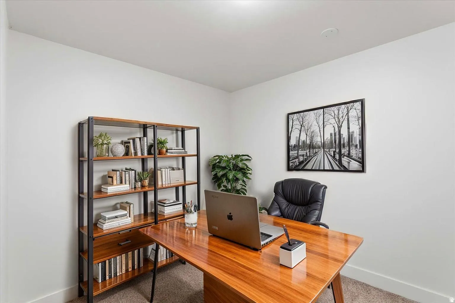 Recessed lighting, light-colored walls, and low-pile carpeting