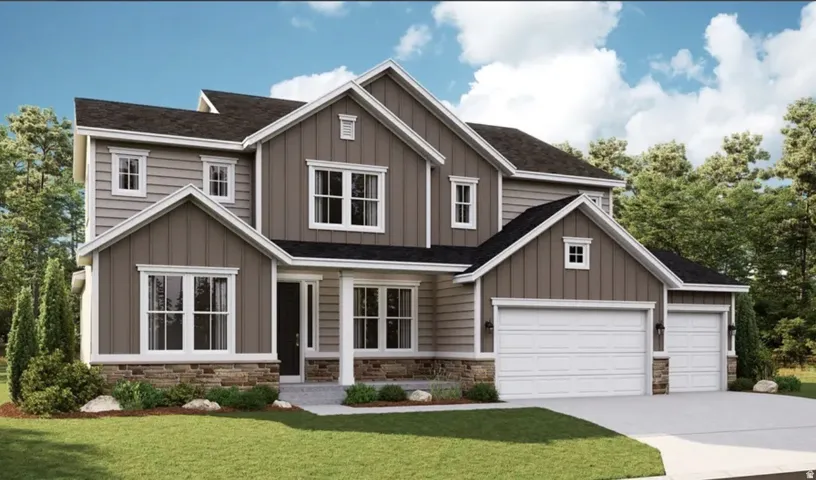 Craftsman-style exterior featuring a multi-gable roofline, stone accents, horizontal siding, vertical board and batten siding, and a multi-car garage