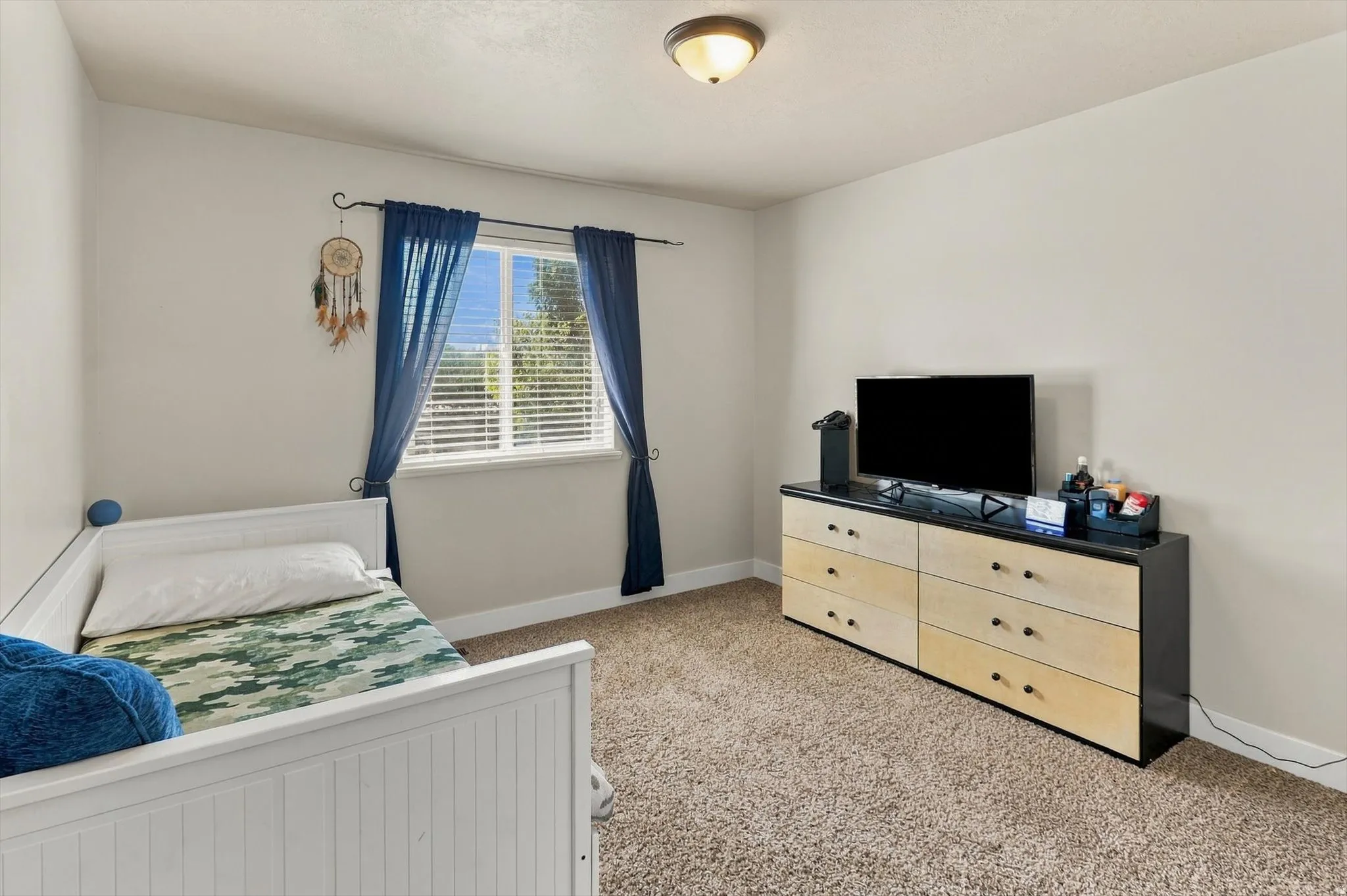 Recessed window with blinds, wall-to-wall carpeting, and overhead lighting fixture