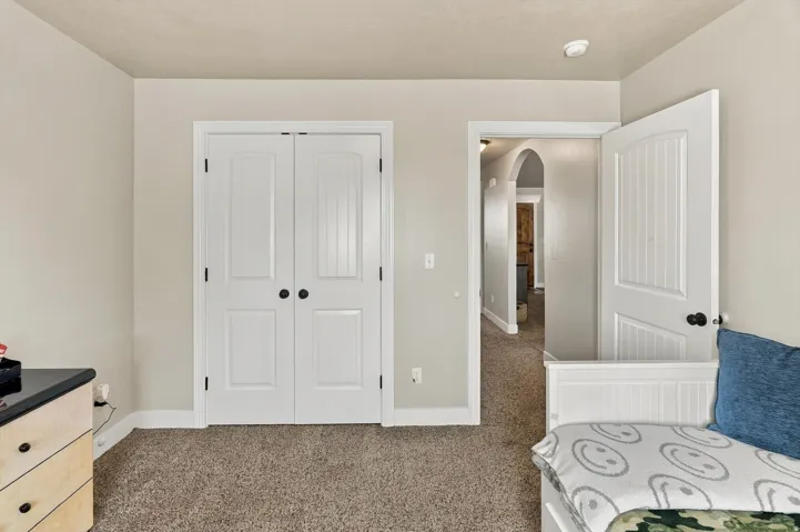 Neutral wall paint, white trim, white paneled doors, and carpet flooring