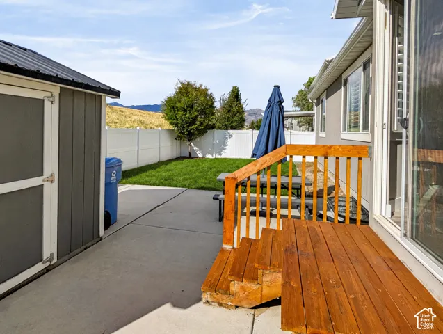 Wood-finish deck with railing, concrete patio, well-maintained lawn, and a storage shed with a metal roof