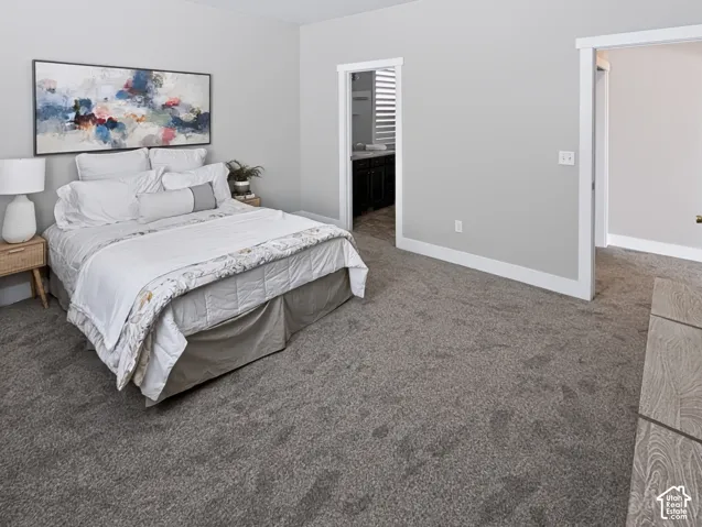 Plush gray carpeting, light gray wall finishes, and white trim throughout the room