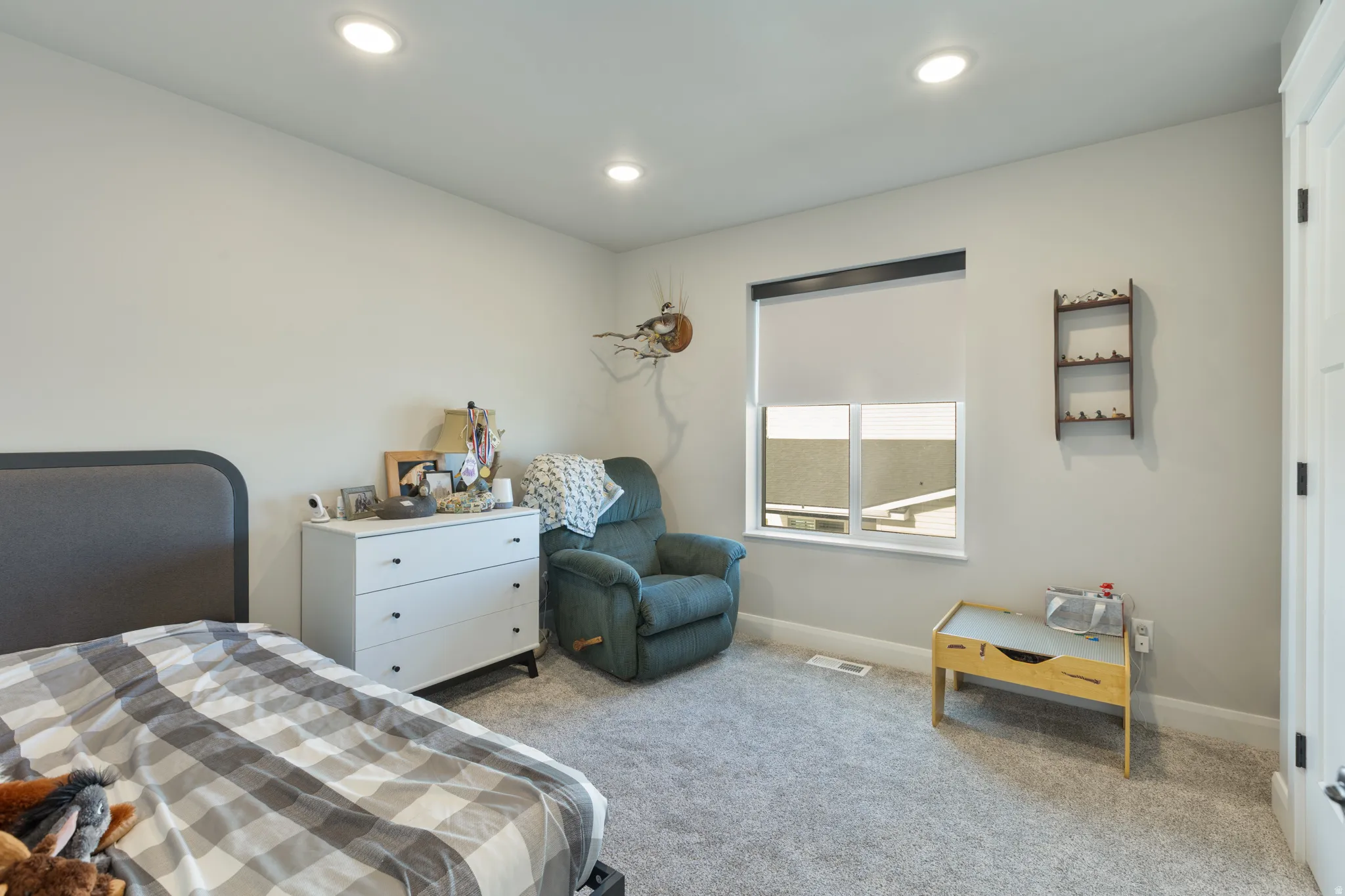 Recessed ceiling lighting illuminates the room with neutral wall tones and a soft grey carpet