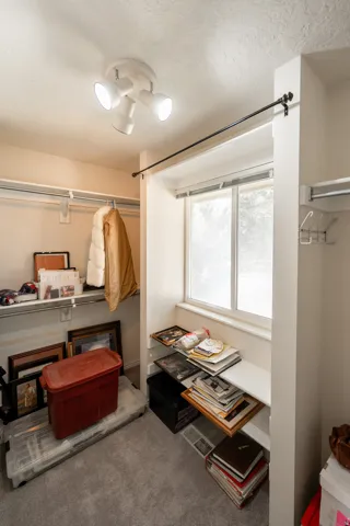 Built-in closet shelving with a track lighting fixture, window, and wall-mounted hanging rods