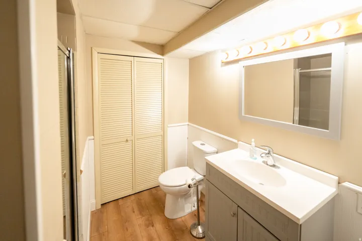 Bathroom featuring a single vanity with storage, a wall-mounted mirror, a toilet, louvered bi-fold doors, and wood-finish flooring