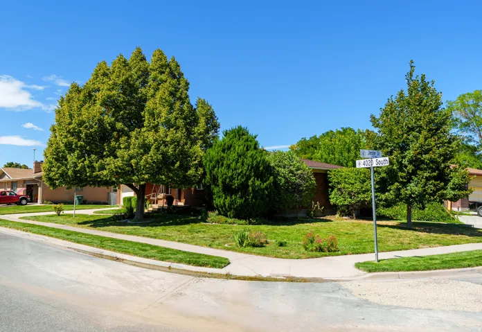 Corner lot with mature landscaping and established trees