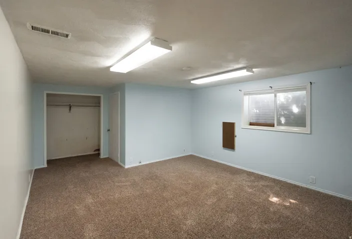 Recessed closet, built-in overhead lighting, light blue wall paint, and carpeting