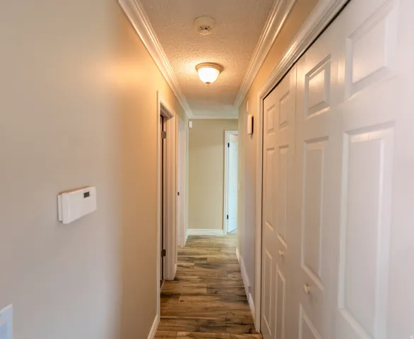 Hallway with crown molding, wood-finish flooring, and panel doors