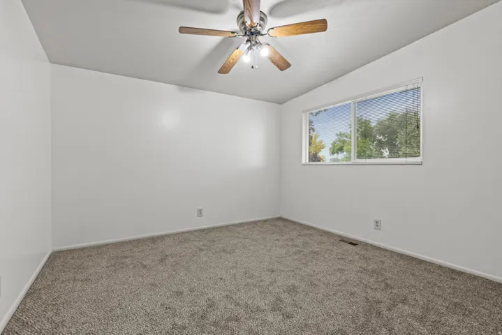 Light-colored carpeting, white walls, and a ceiling fan with light fixture