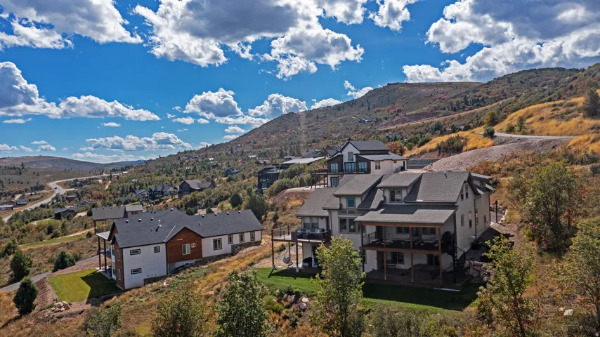 Hillside residential setting with multiple levels of construction
