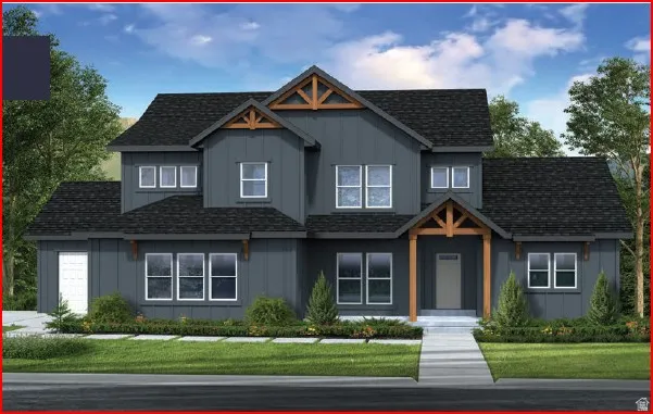 Modern farmhouse exterior with dark siding, prominent wood beam accents, black shingle roof, and white-framed windows