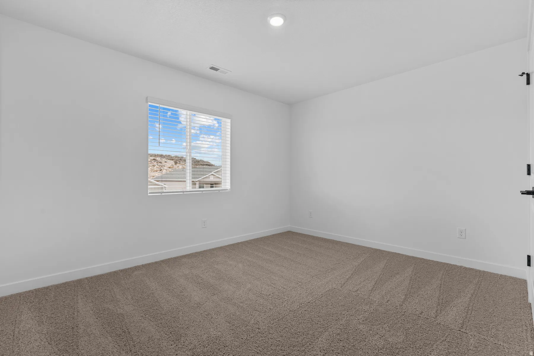 Room featuring neutral carpeting, white walls, a single window with blinds, and a ceiling-mounted light fixture