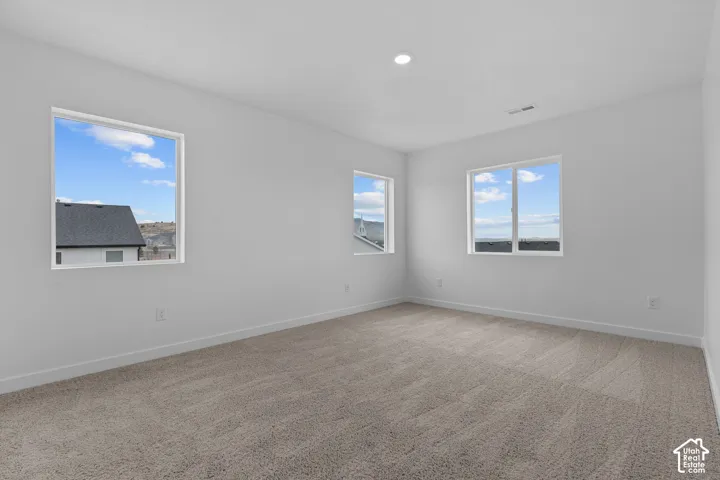 Neutral-toned carpeting, white walls, and multiple windows providing ambient light