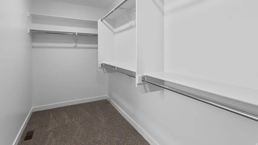 Walk-in closet featuring white built-in shelving, chrome hanging rods, and carpet flooring