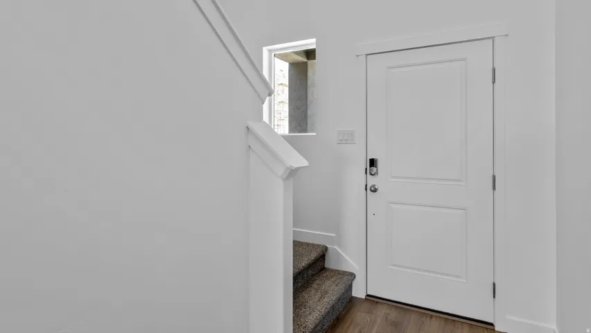 White paneled entry door with dark hardware, wood-finish flooring, and carpeted stairs